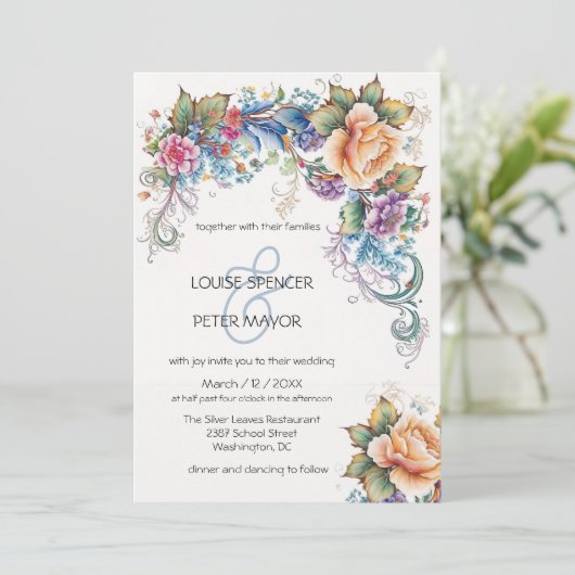 Retro, hellblau und pfirsichfarbene Blume Hochzeit Einladung (Stehend Vorderseite)