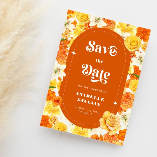 Retro Hellgelber Orangengarten Blumenzehen Save The Date