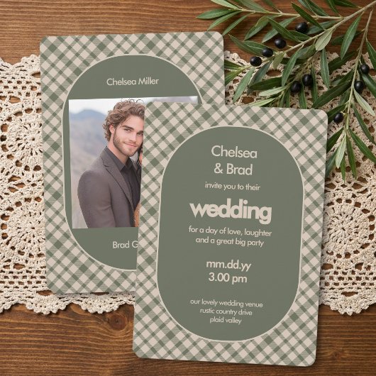 Retro Hellgrün Kariert mit Foto Hochzeit Einladung