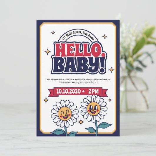 Retro Hello Baby Shower Einladung (Stehend Vorderseite)