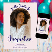 Retro Hello Graduate 2025 Lila Script Arch Foto Ankündigung