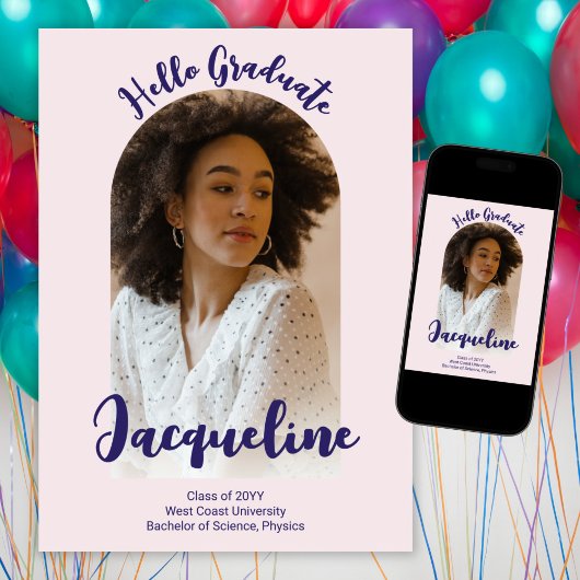 Retro Hello Graduate 2025 Lila Script Arch Foto Ankündigung