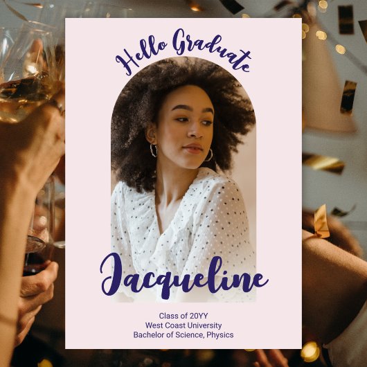 Retro Hello Graduate 2025 Lila Script Arch Foto Einladung