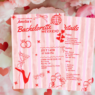 Retro Hen Rot und rosa Bachelorette Wochenende Einladung