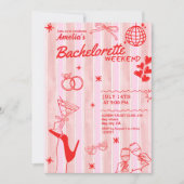 Retro Hen Rot und rosa Bachelorette Wochenende Einladung (Vorderseite)