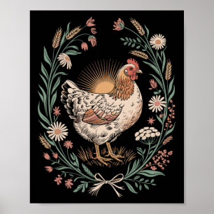 Retro-Henne im Blumenrahmen Landhuhn-Liebhaber Ar Poster