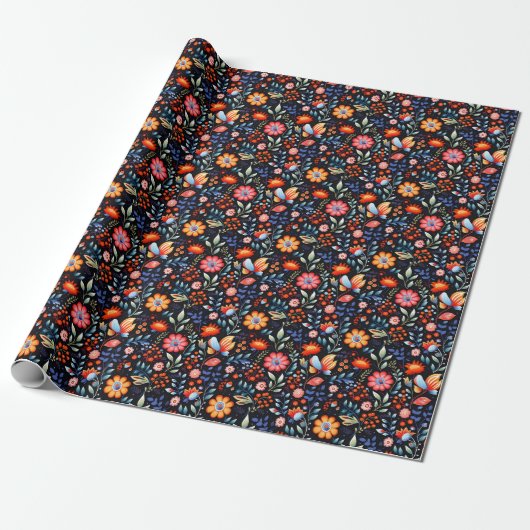 Retro Herbst Blume & Berries Botanisch Geschenkpapier (Ungerollt)