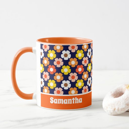 Retro Herbst Blume Muster Blau Tasse (Mit Donut)