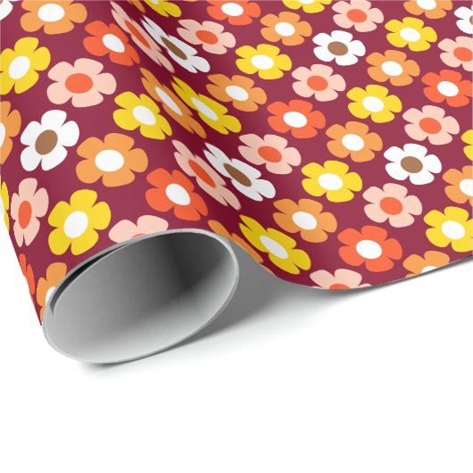 Retro Herbst Blume Muster Burgund Geschenkpapier (Rolleneckpunkt)
