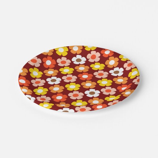 Retro Herbst Blume Muster Rot Pappteller (Schrägansicht)