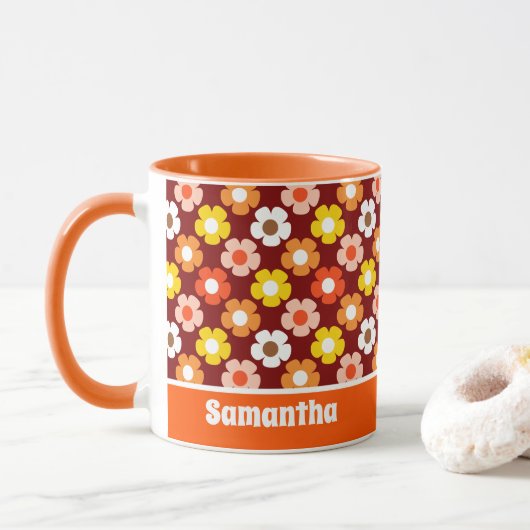 Retro Herbst Blume Muster Rot Tasse (Mit Donut)