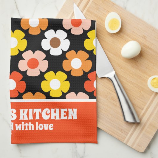 Retro Herbst Blume Muster Schwarz Geschirrtuch (Viertel Falte)