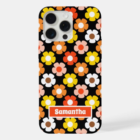 Retro Herbst Blume Muster Schwarz iPhone Hülle (Rückseite)