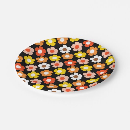 Retro Herbst Blume Muster Schwarz Pappteller (Schrägansicht)