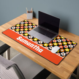 Retro Herbst Blume Muster Schwarz Schreibtischunterlage