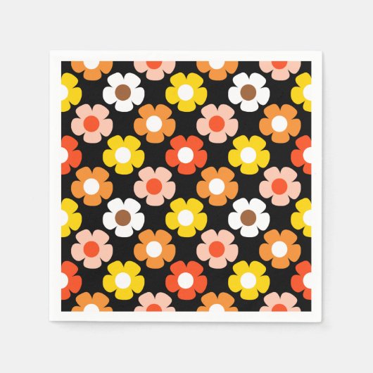 Retro Herbst Blume Muster Schwarz Serviette (Vorderseite)