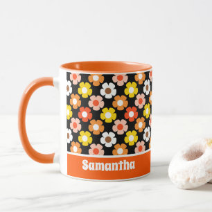 Retro Herbst Blume Muster Schwarz Tasse