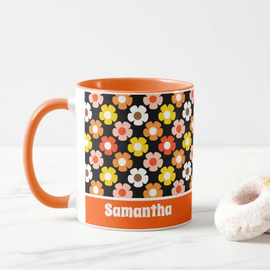 Retro Herbst Blume Muster Schwarz Tasse (Mit Donut)