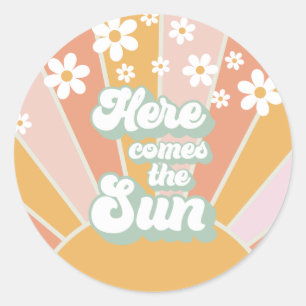 Retro Here comes the Sun Daisy Boho Geburtstag Runder Aufkleber