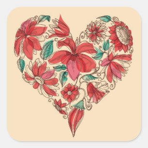 Retro-Herz der Blumen-Liebe-Symbol Quadratischer Aufkleber