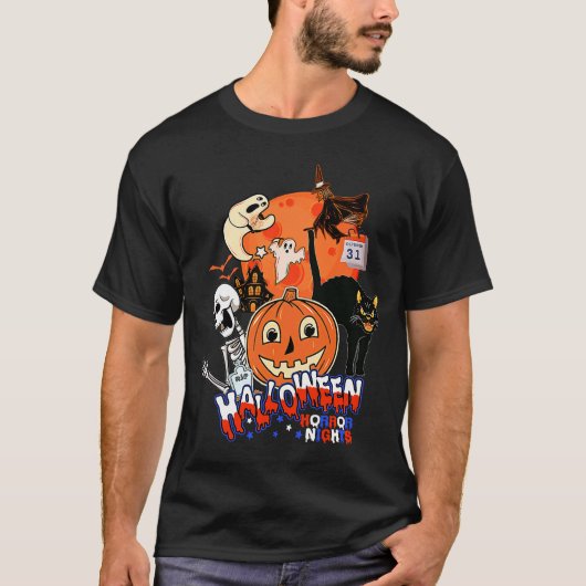 Retro Hexe Ghost Pumpkin Black Cat Skeleton Hall T-Shirt (Vorderseite)