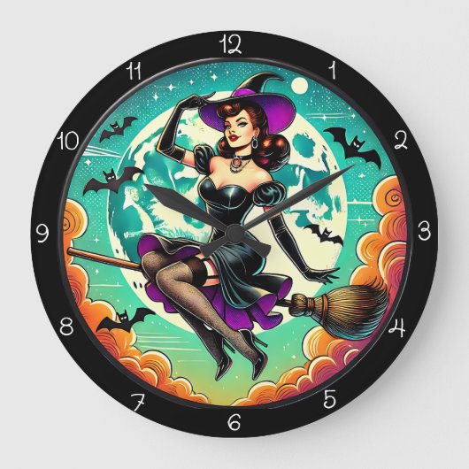 Retro-Hexe im Zimmer Große Wanduhr (Vorderseite)