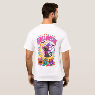 Retro-Hexe schwarze Katze Halbmond Halloween T-Shirt