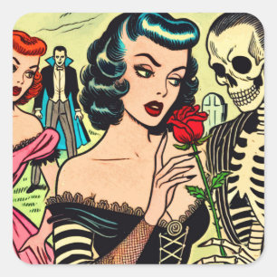 Retro Hexe Vampire Girl Horror Comic Quadratischer Aufkleber