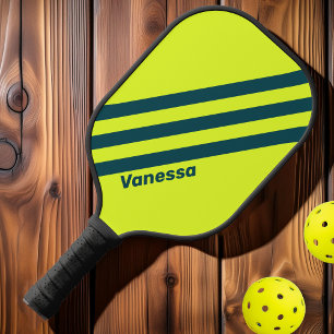 Retro HI VIS Gelb mit drei Streifen und Namen Pickleball Schläger