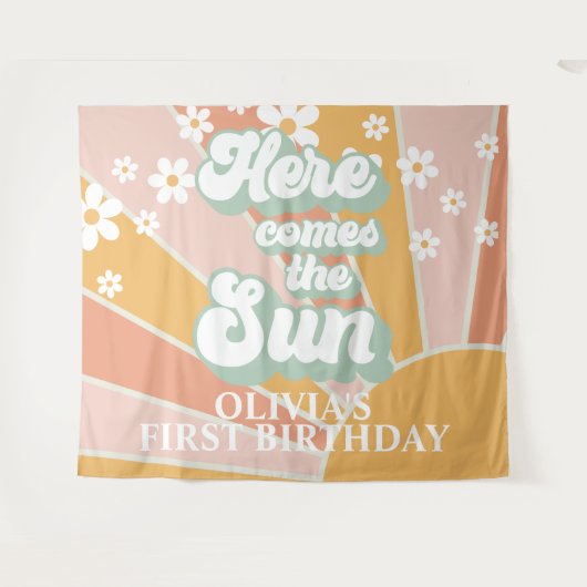 Retro Hier kommt die Sonne Daisy Sonnenschein Gebu Wandteppich (Vorderseite (Horizontal))