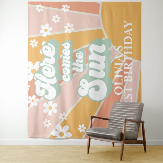 Retro Hier kommt die Sonne Daisy Sonnenschein Gebu Wandteppich (Beispiel)