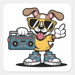 Retro Hip Hop Hund: Cooler Cartoon-Welpe  Quadratischer Aufkleber