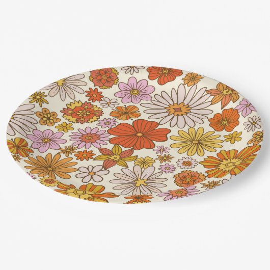 Retro Hippie 70er Blumenmuster Party Pappteller (Schrägansicht)