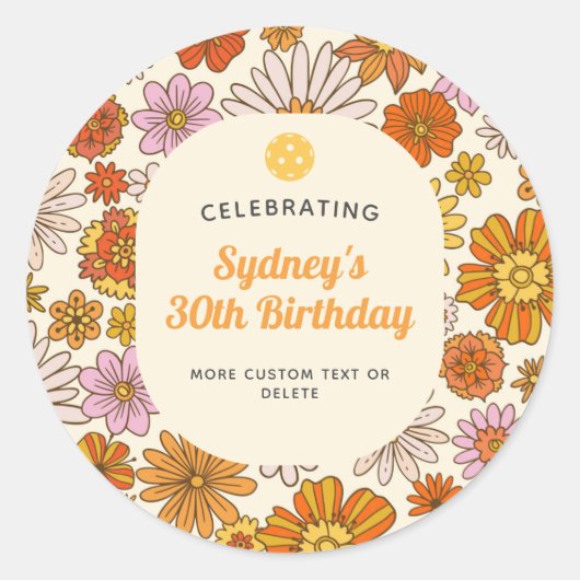 Retro Hippie 70er Floral Muster Pickleball Party Runder Aufkleber (Vorderseite)