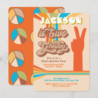 Retro Hippie 70er Jahre Zwei Groovy Peace Sign Einladung