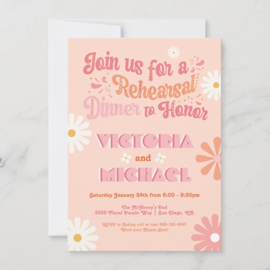 Retro Hippie 70's 60's Groovy Reheasral Dinner Einladung (Vorderseite)