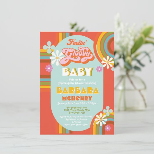 Retro Hippie 70's Groovy Baby Shower Einladung (Stehend Vorderseite)