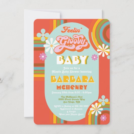 Retro Hippie 70's Groovy Baby Shower Einladung (Vorderseite)
