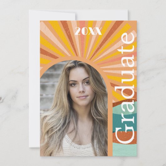 Retro Hippie Arch Foto 70er Peach Abschluss Einladung (Vorderseite)