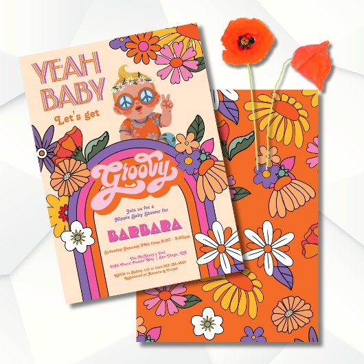 Retro Hippie Baby 70's 60's Groovy Baby Shower Einladung