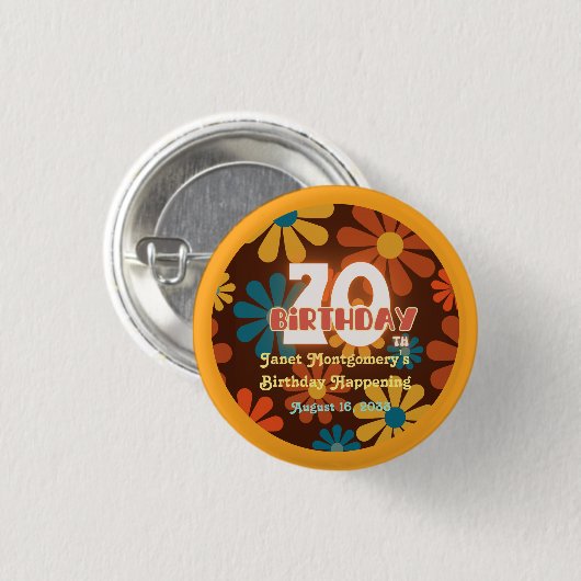 Retro Hippie Blume 70. Geburtstag Button (Vorne & Hinten)