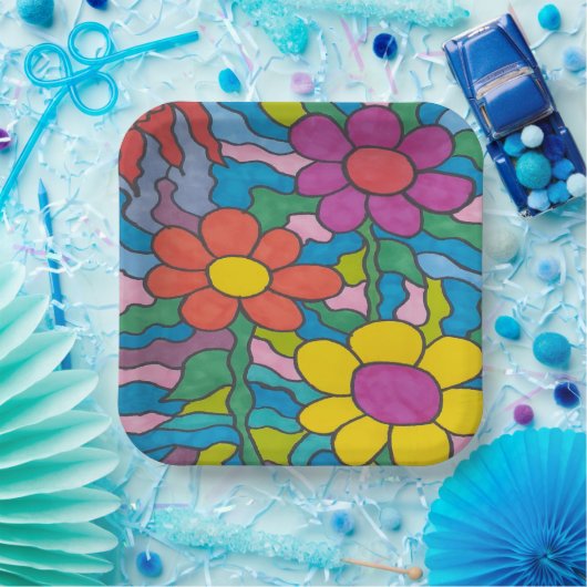 Retro Hippie Blume Art Pappteller (Party)