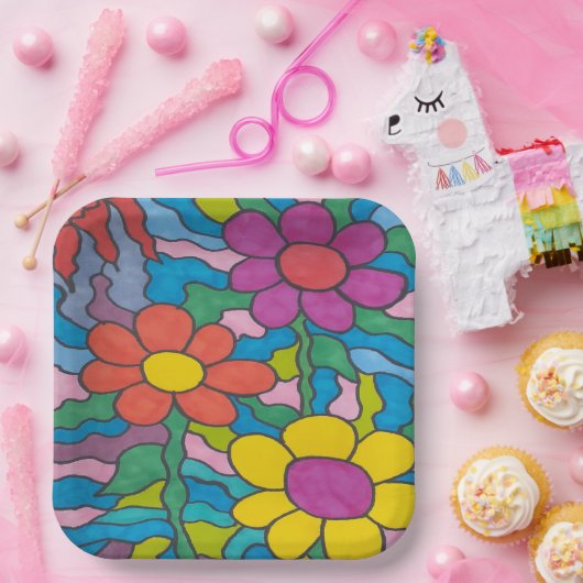 Retro Hippie Blume Art Pappteller (Party)