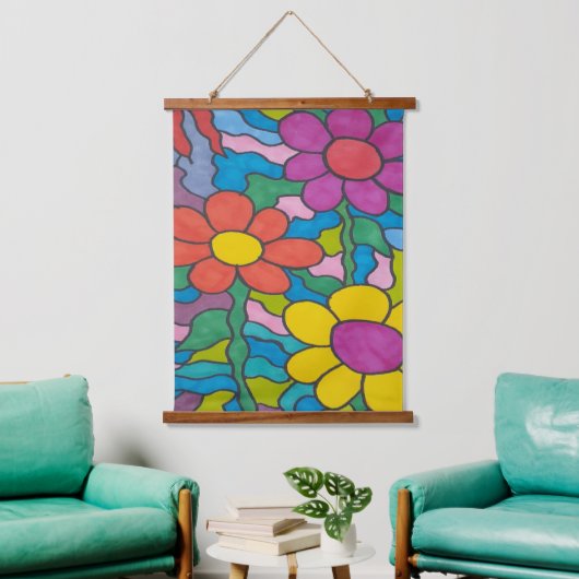 Retro Hippie Blume Art Wandteppich Mit Holzrahmen (Wohnzimmer)