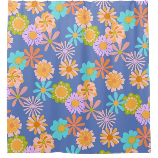 Retro Hippie Blume Muster in Blau Duschvorhang (Vorderseite)