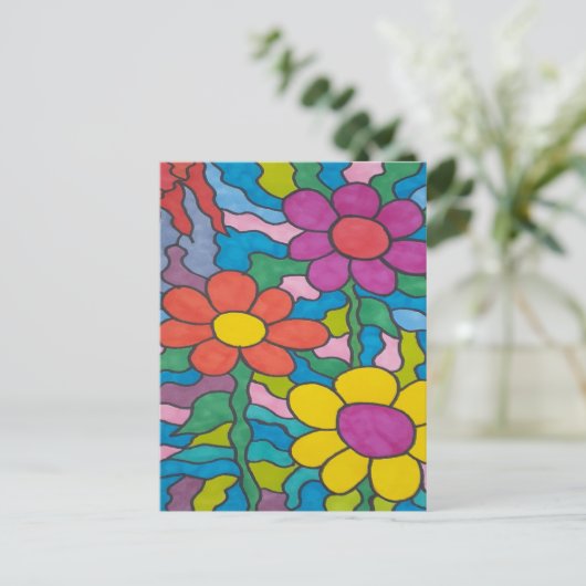 Retro Hippie Blume Postkarte (Stehend Vorderseite)