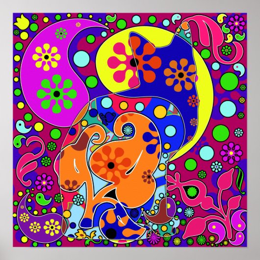 Retro Hippie Blume Power Farbiges Katzenposter Poster (Vorne)