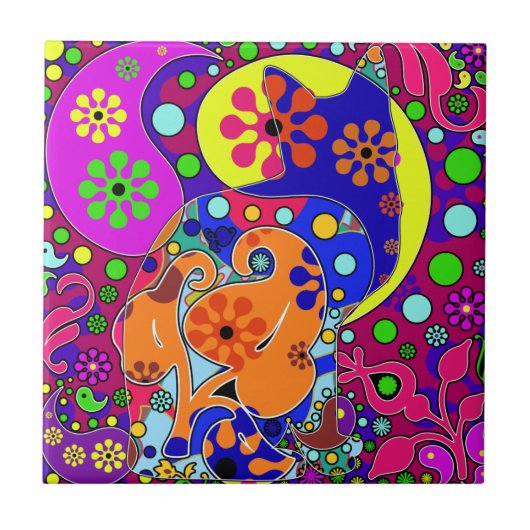 Retro Hippie Blume Power Paisley Cat Pop Art Fliese (Vorderseite)