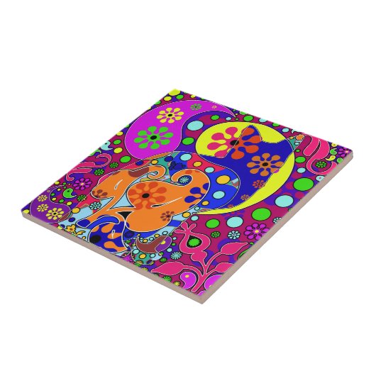 Retro Hippie Blume Power Paisley Cat Pop Art Fliese (Seite)