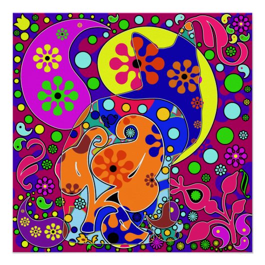 Retro Hippie Blume Power Paisley Cat Pop Art Poster (Vorderseite)